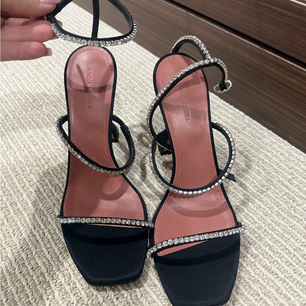Amina Muaddi Black Heeled Sandals with Rhinestones